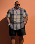 Big & Tall Khaki Plaid T-Shirt Shorts Set for big men view 1