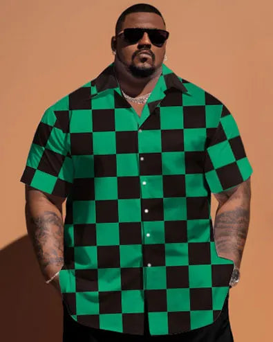 Big & Tall Green Plaid Graphic T-Shirt Shorts Set for big men view 2
