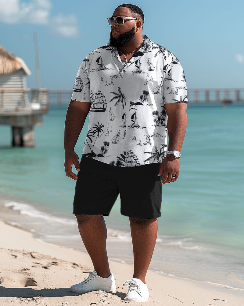 Big & Tall Hawaiian Polo Shorts Set for big men view 2
