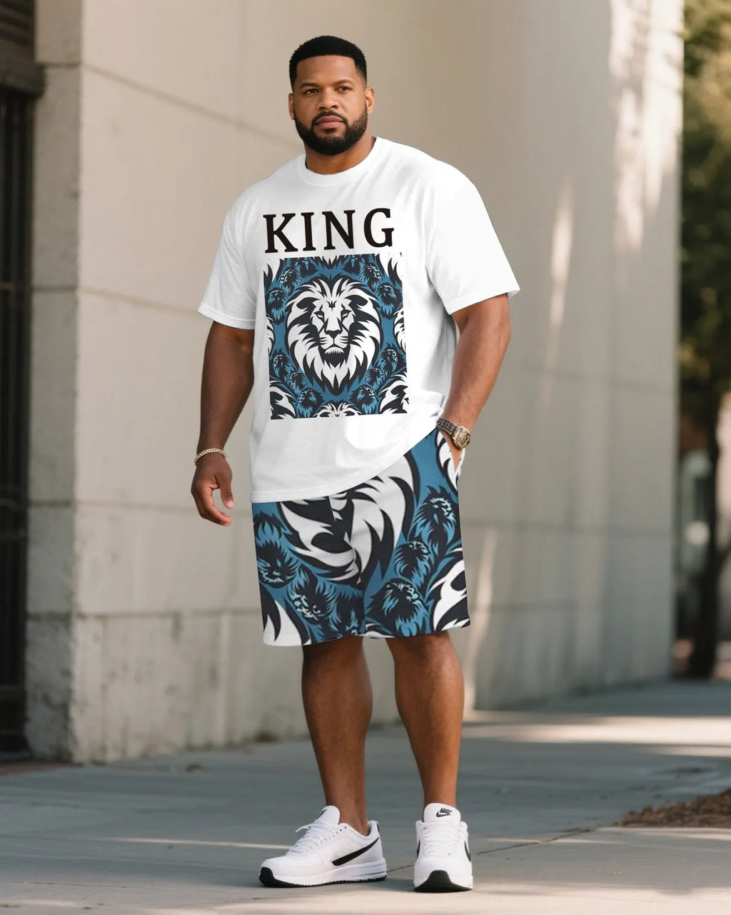 Big & Tall White Graphic T-Shirt Shorts Set for big men view 1