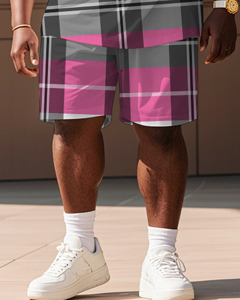 Big & Tall Pink Plaid Graphic T-Shirt Shorts Set for big men view 3