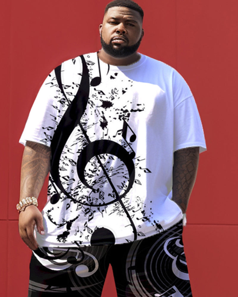 Big & Tall Black White Graphic T-Shirt Shorts Set for big men view 2