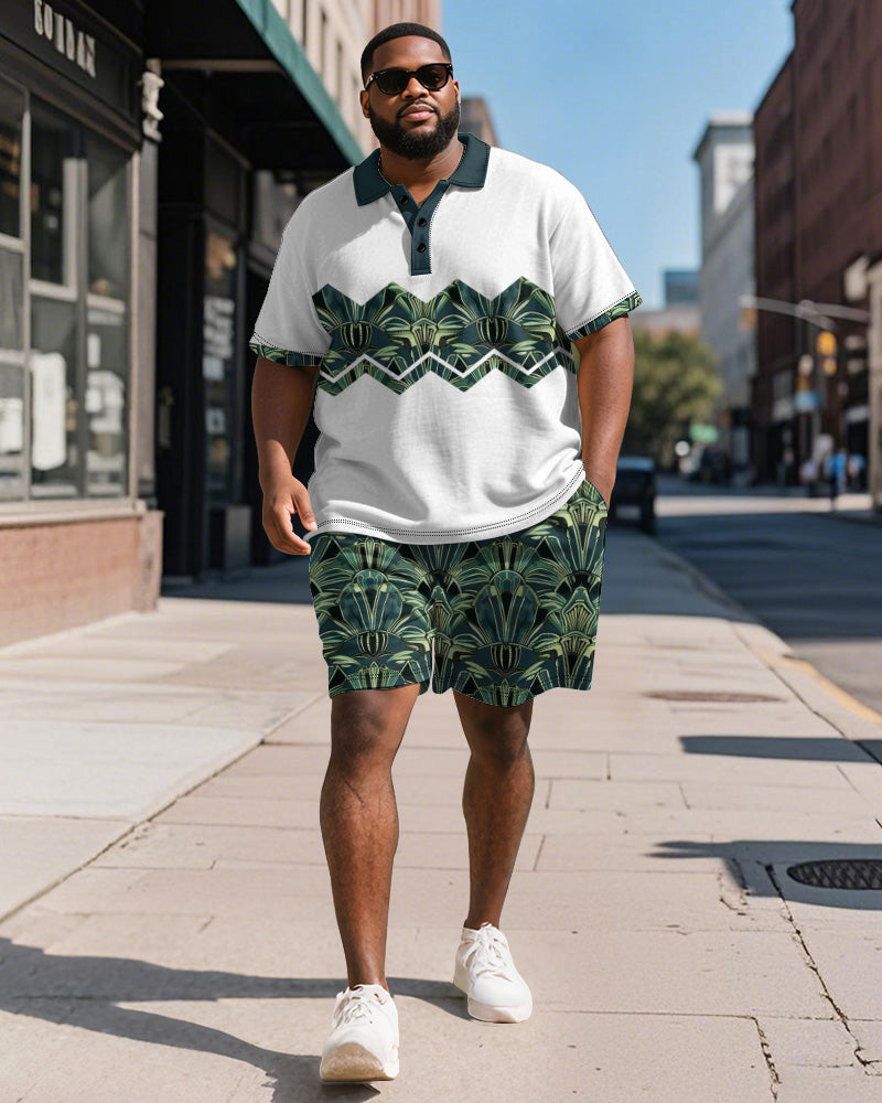 Big & Tall Green Colorblock Geometric Polo Shorts Set for big men view 1