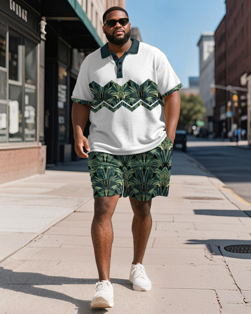 Big & Tall Green Colorblock Geometric Polo Shorts Set for big men view 1