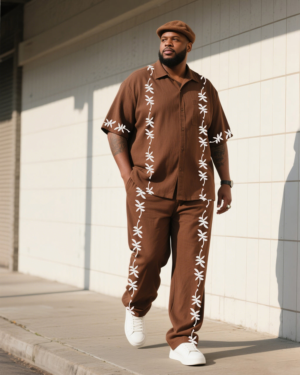 Big & Tall Brown Floral T-Shirt Pants Set for big men view 1