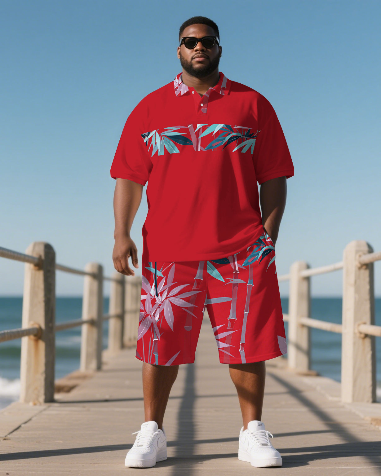 Big & Tall Hawaiian Polo Shorts Set for big men view 1