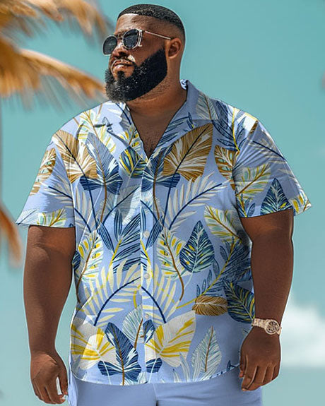 Big & Tall Blue Hawaiian Tropical T-Shirt Shorts Set for big men view 3