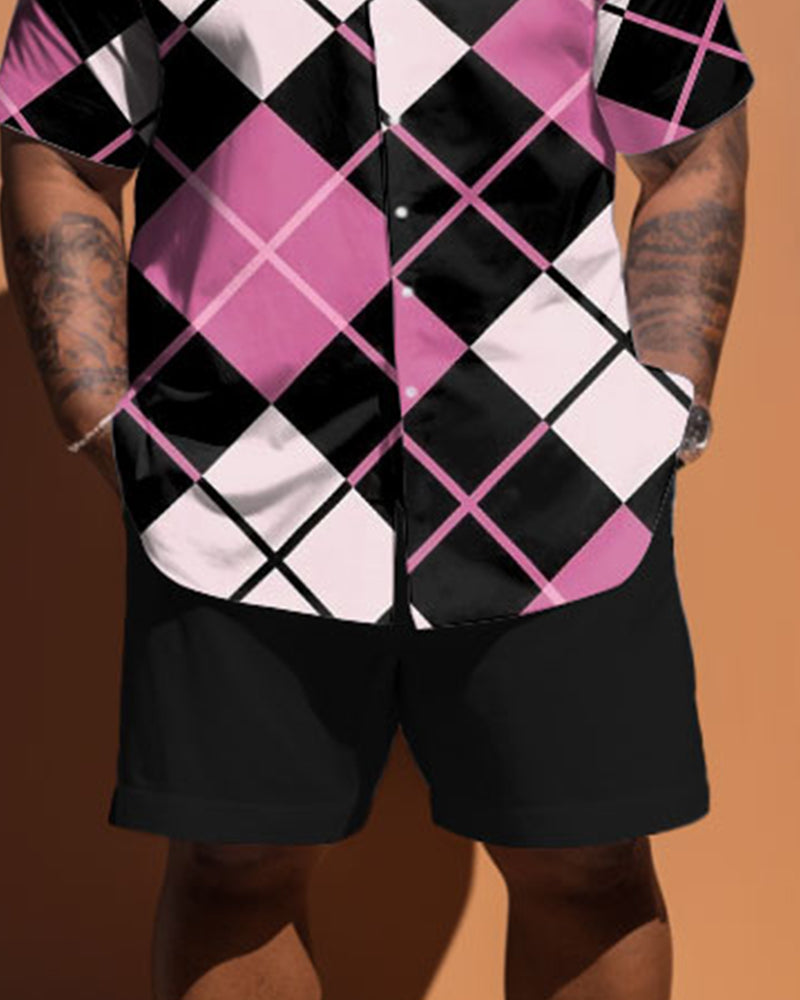 Big & Tall Pink Plaid T-Shirt Shorts Set for big men view 3