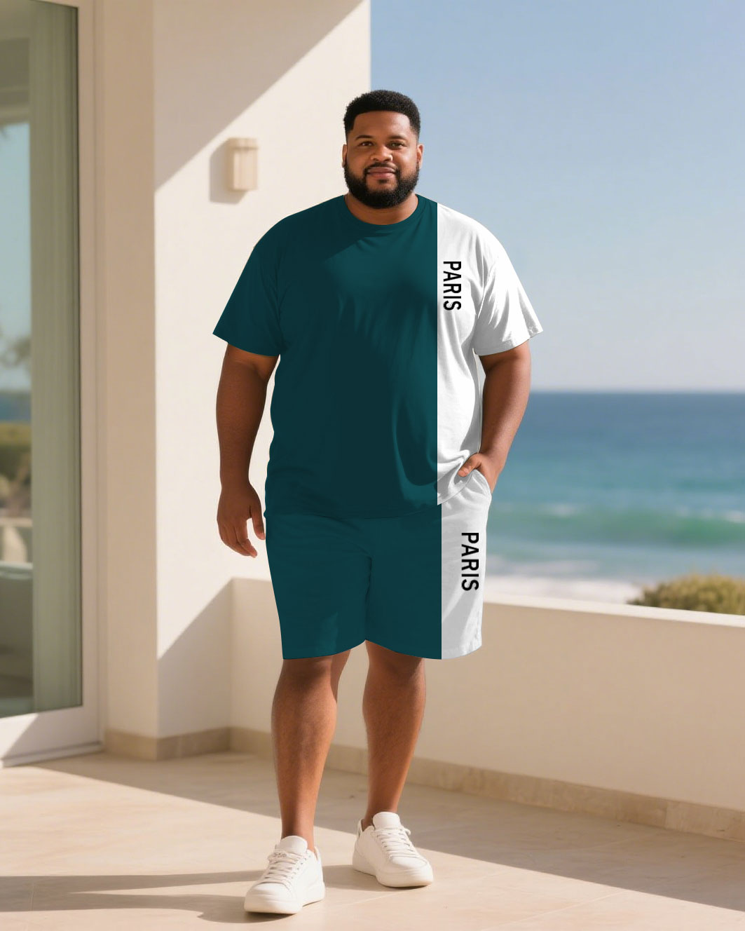 Big & Tall White Green Colorblock T-Shirt Shorts Set for big men view 1