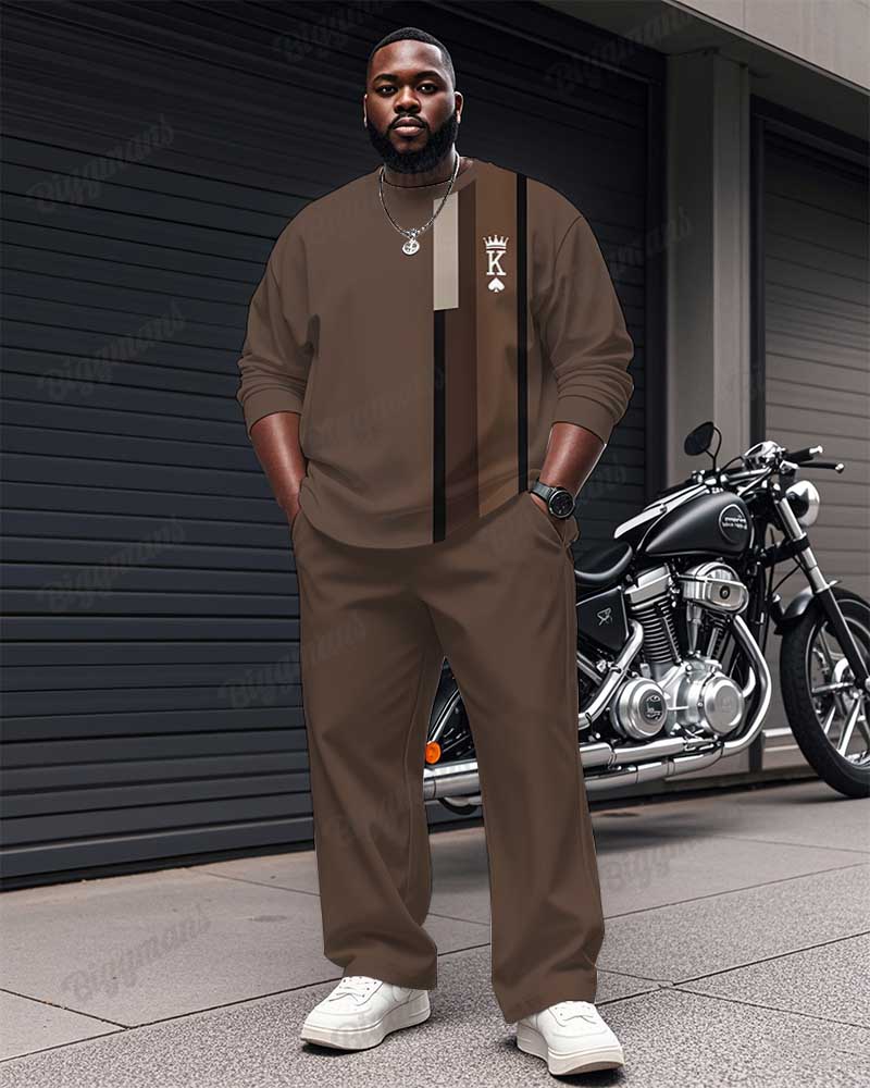 Big & Tall Brown Striped Graphic T-Shirt Pants Set for big men view 1