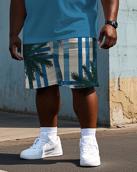 Big & Tall Blue Hawaiian Striped Polo Shorts Set for big men view 3