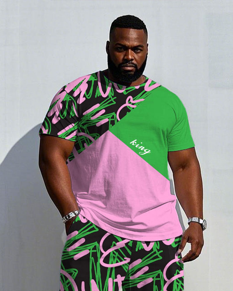 Big & Tall Green Pink Graffiti T-Shirt Pants Set for big men view 2