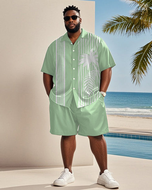 Big & Tall Green Hawaiian Striped T-Shirt Shorts Set for big men view 1