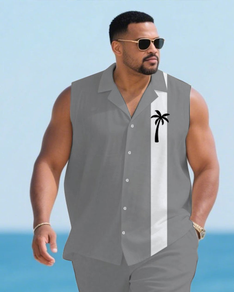 Big & Tall White Gray Hawaiian T-Shirt Shorts Set for big men view 2