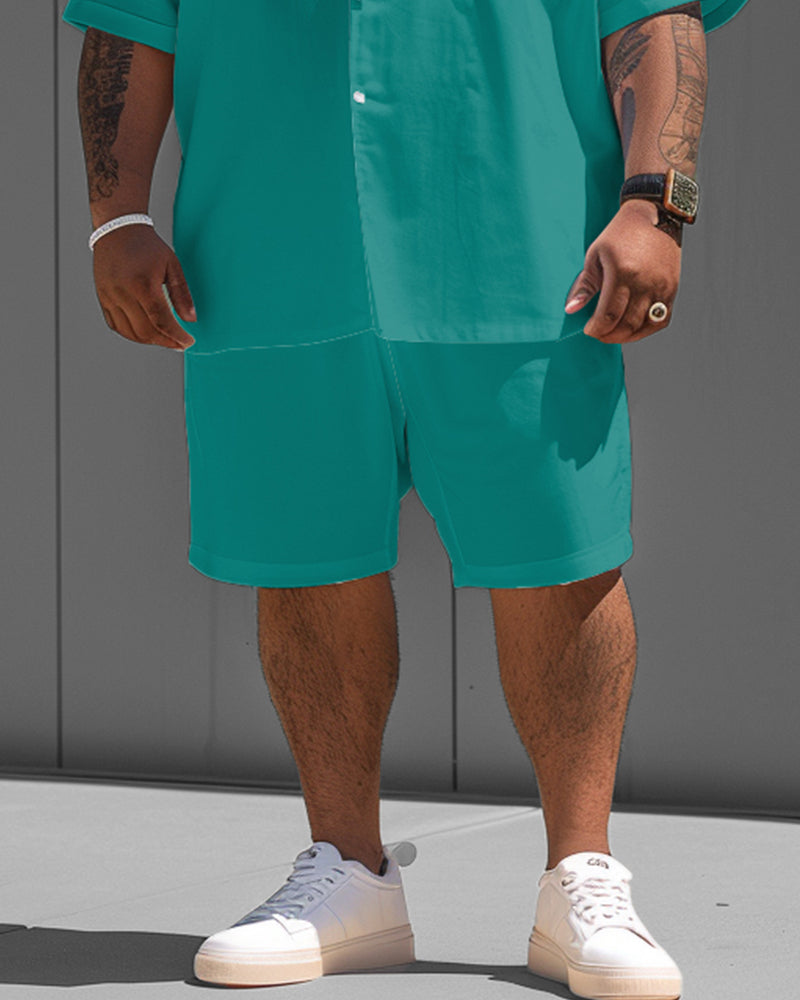 Big & Tall Green Solid Color T-Shirt Shorts Set for big men view 3