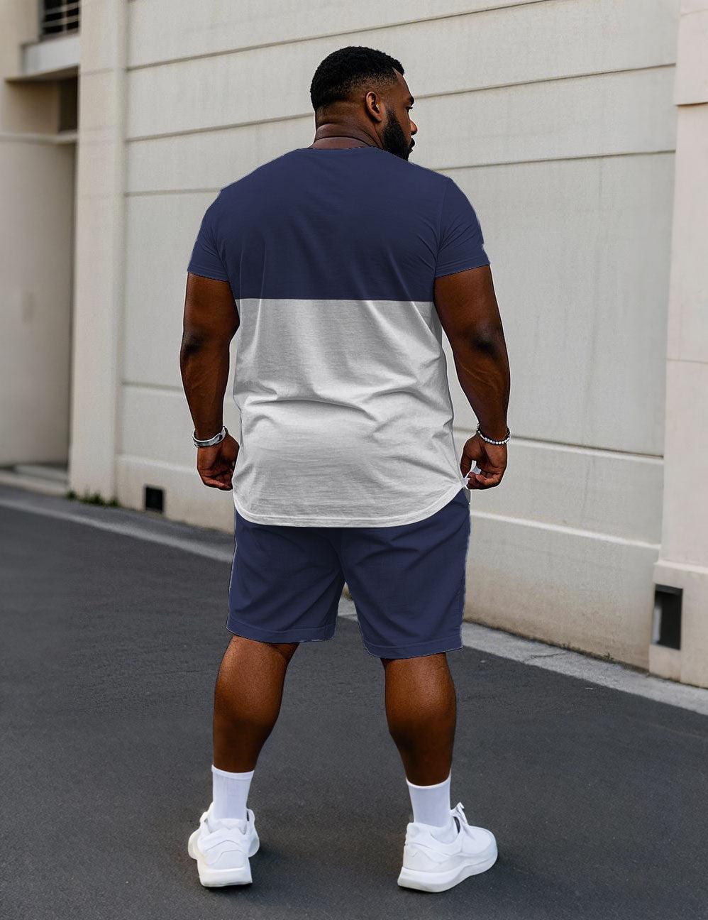 Big & Tall White Blue Colorblock T-Shirt Shorts Set for big men view 4