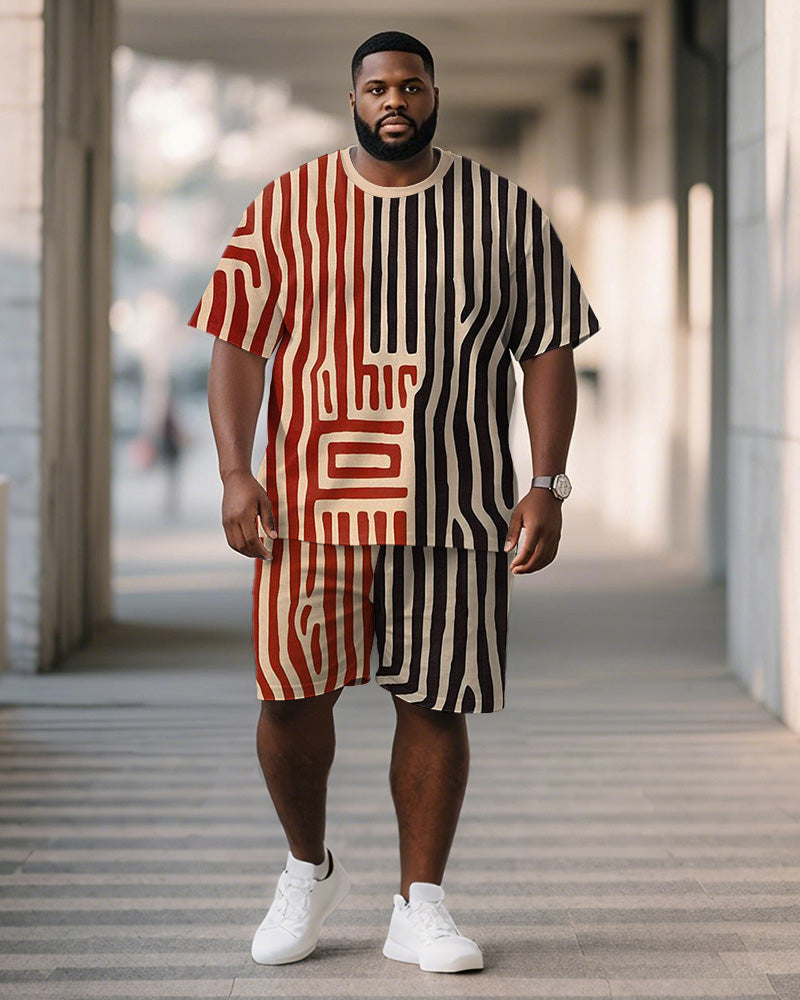 Big & Tall Black Red Geometric T-Shirt Shorts Set for big men view 1
