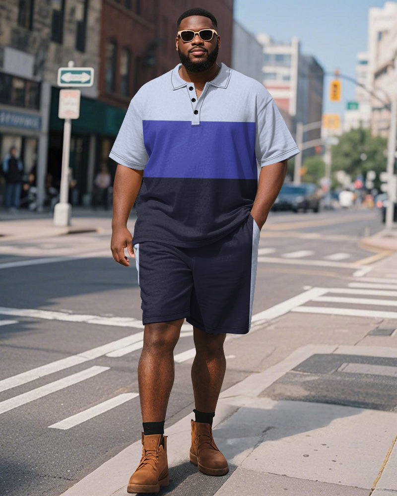 Big & Tall Purple Colorblock Striped Polo Shorts Set for big men view 1