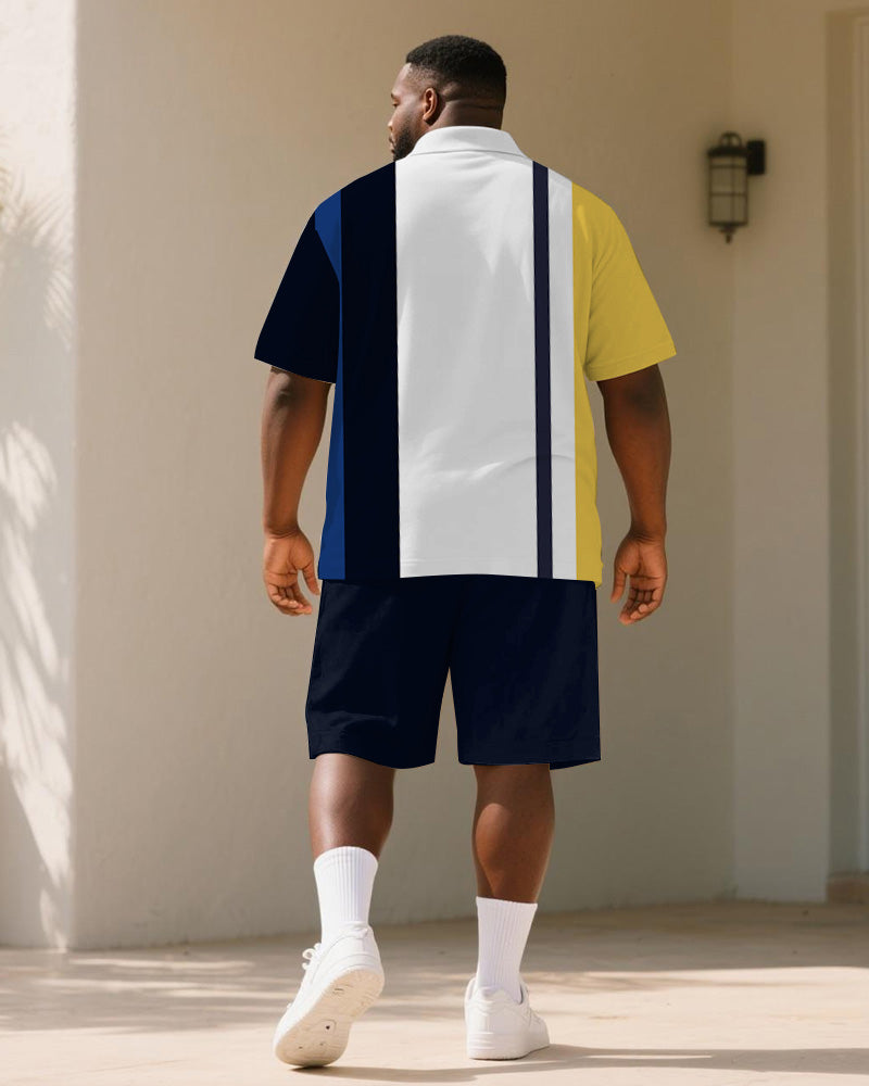 Big & Tall Blue Yellow Striped Polo Shorts Set for big men view 4