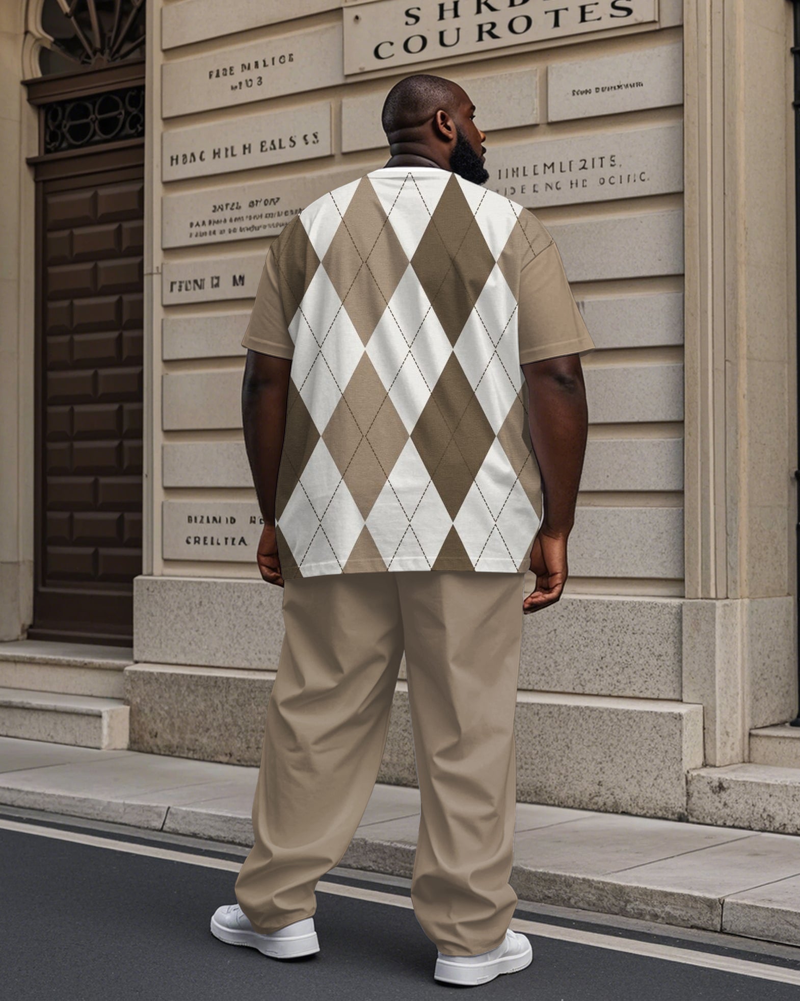 Big & Tall White Brown Plaid Polo Pants Set for big men view 3