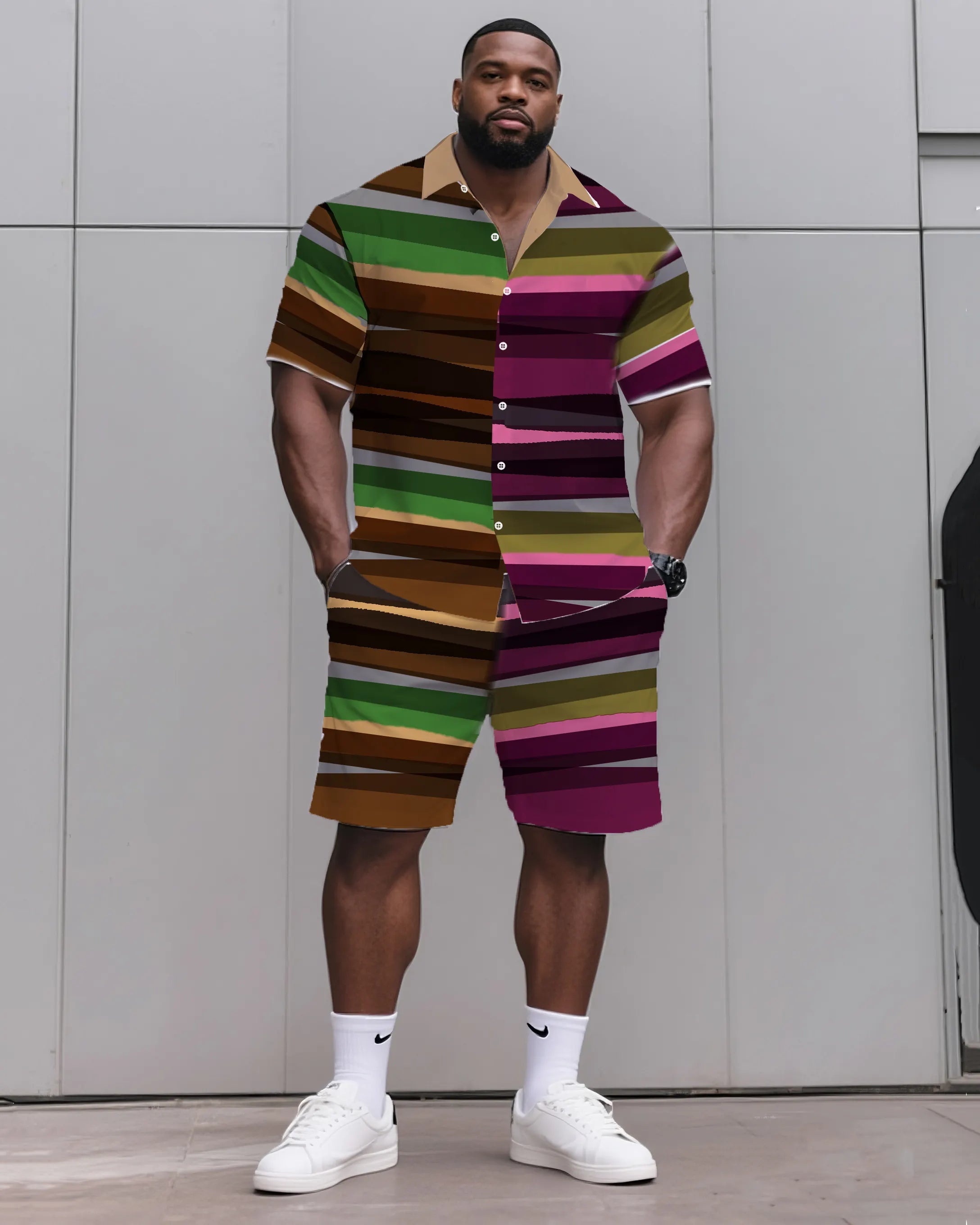 Big & Tall Colorblock Vintage T-Shirt Shorts Set for big men view 1