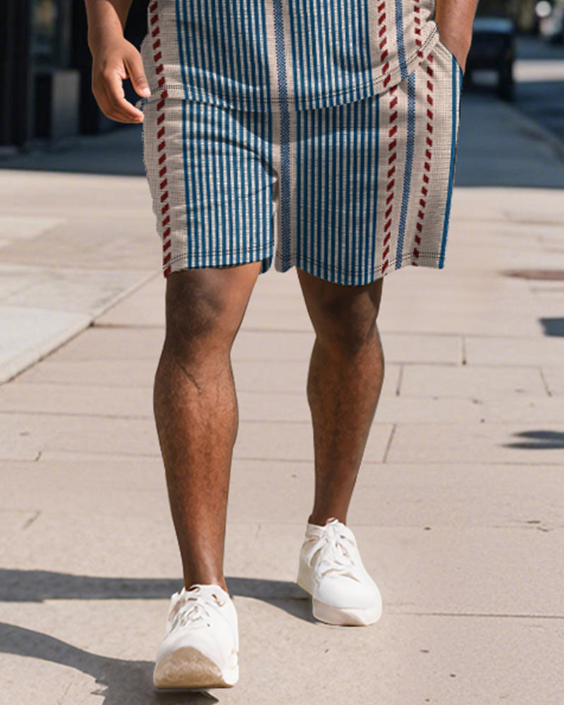 Big & Tall Blue Striped Graphic Polo Shorts Set for big men view 4