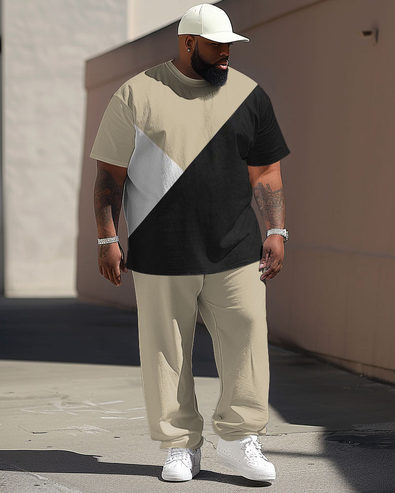 Big & Tall Khaki Colorblock T-Shirt Pants Set for big men view 1