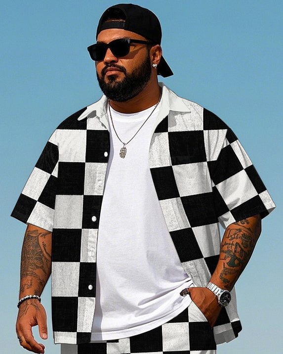 Big & Tall Black White Plaid T-Shirt Shorts Set for big men view 2