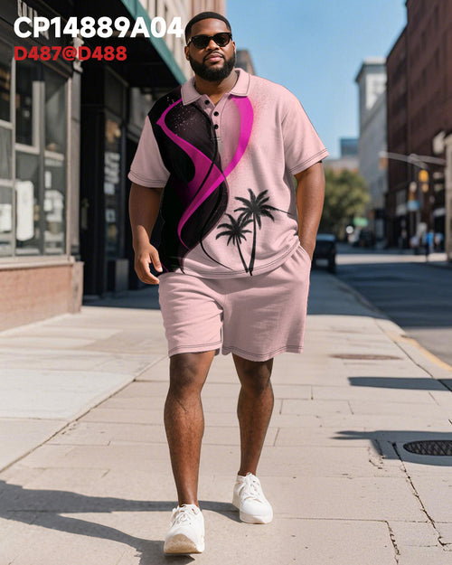 Big & Tall Pink Hawaiian Graphic Polo Shorts Set for big men view 2