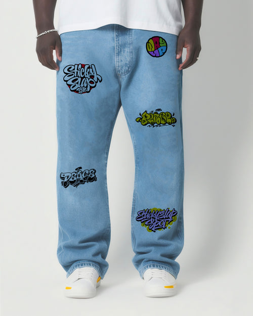 Big & Tall Denim Graffiti Patchwork Jeans for big men
