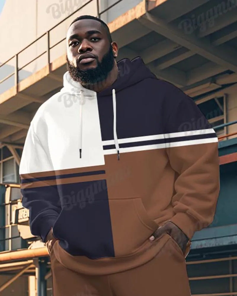 Big & Tall Brown Striped Hoodie Sweatpants Set for big men view 5