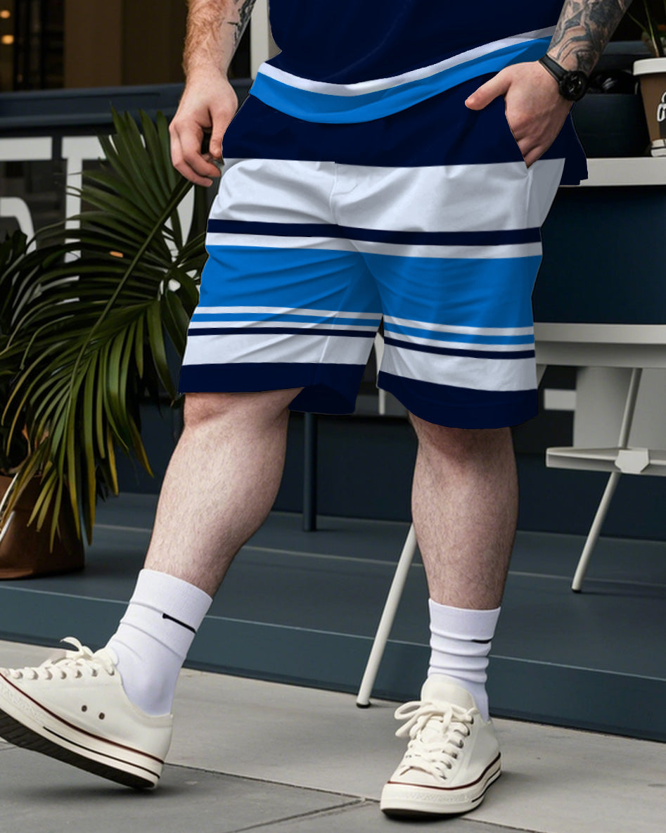 Big & Tall Blue Striped Graphic T-Shirt Shorts Set for big men view 3