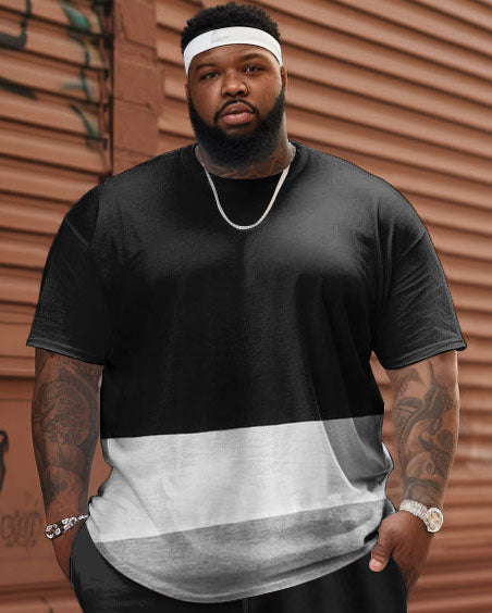 Big & Tall Black Gray Patchwork T-Shirt Shorts Set for big men view 2