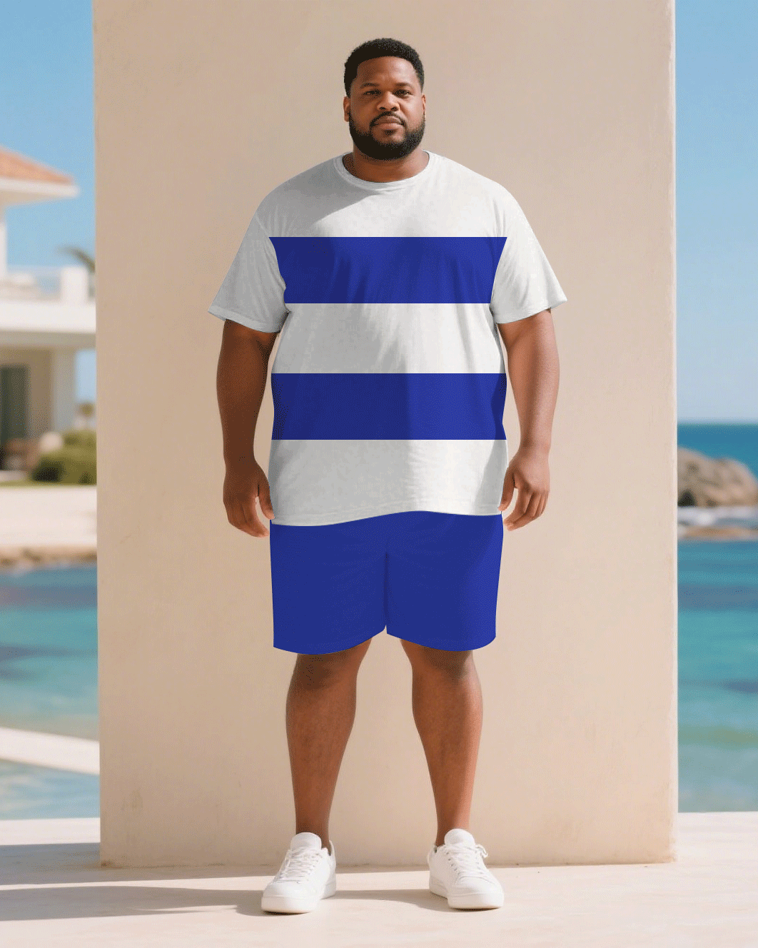 Big & Tall White Blue Juneteenth T-Shirt Shorts Set for big men view 1