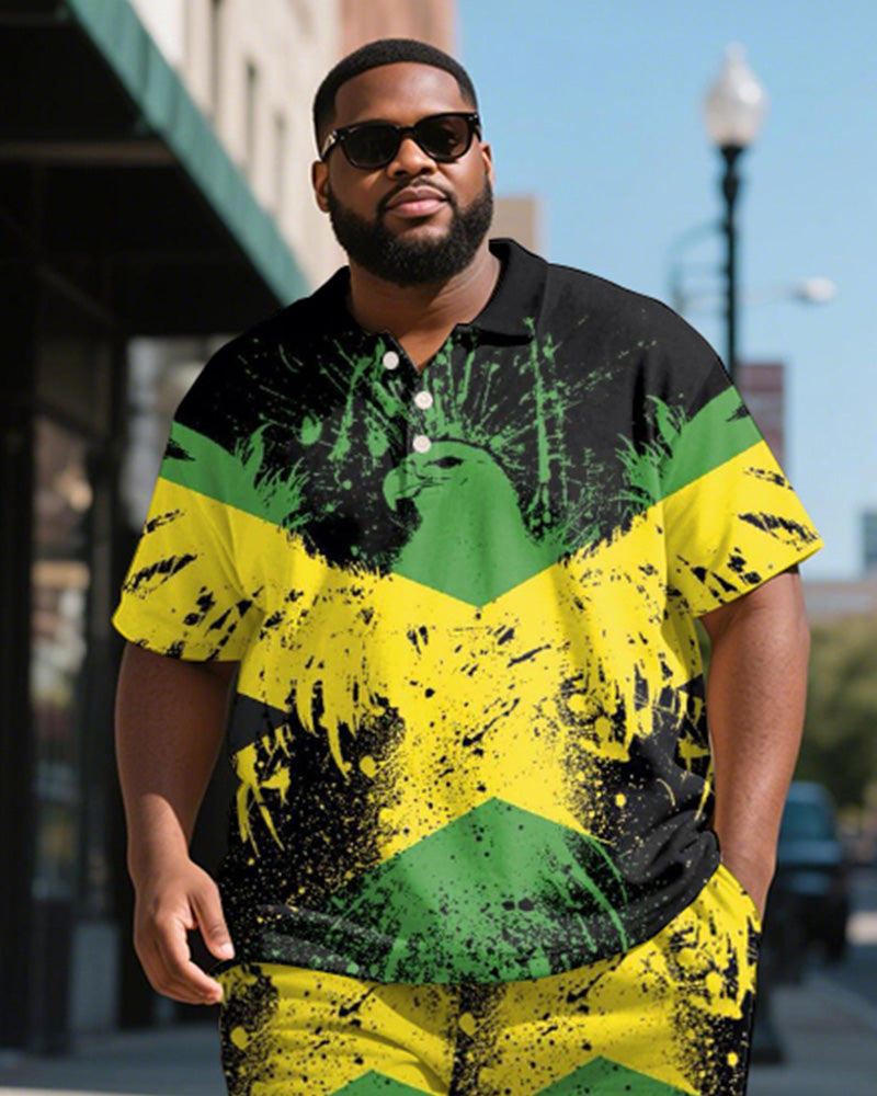 Big & Tall Black Green Colorblock Polo Shorts Set for big men view 1