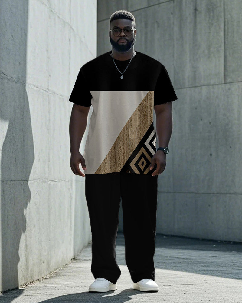 Big & Tall Black Geometric Graphic T-Shirt Pants Set for big men view 1
