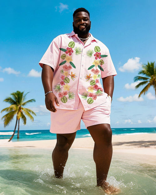 Big & Tall Pink Hawaiian Graphic T-Shirt Shorts Set for big men view 1