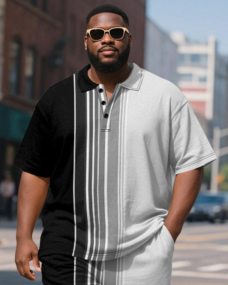 Big & Tall Black Gradient Striped Polo Shorts Set for big men view 3