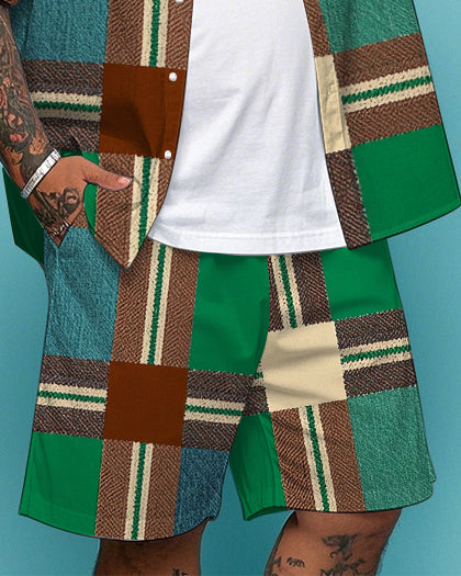 Big & Tall Green Plaid T-Shirt Shorts Set for big men view 3