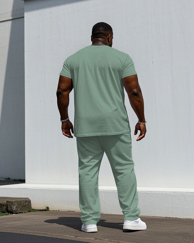 Big & Tall White Green Colorblock T-Shirt Pants Set for big men view 4