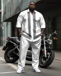 Big & Tall White Geometric Stripe T-Shirt Pants Set for men view 1