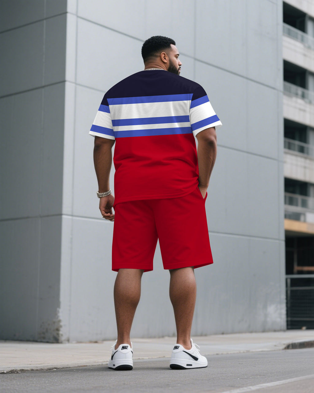 Big & Tall Blue Red Graphic T-Shirt Shorts Set for big men view 4