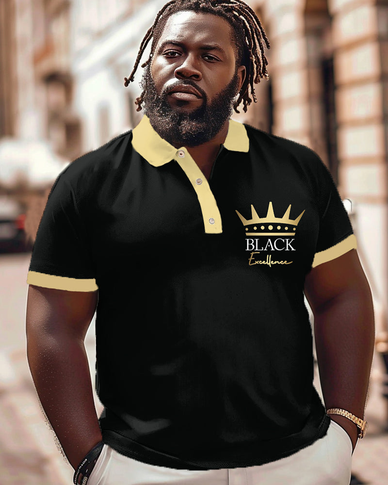 Big & Tall Black Graphic Polo Shorts Set for big men
