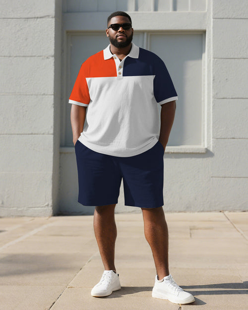 Big & Tall Blue Orange Colorblock Polo Shorts Set for big men view 1