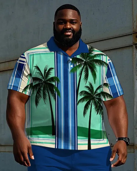 Big & Tall Hawaiian Striped Polo Shorts Set for big men view 2