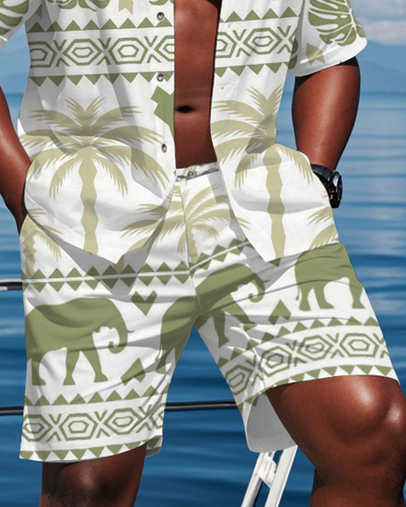 Big & Tall Green Hawaiian Tropical T-Shirt Shorts Set for big men view 3