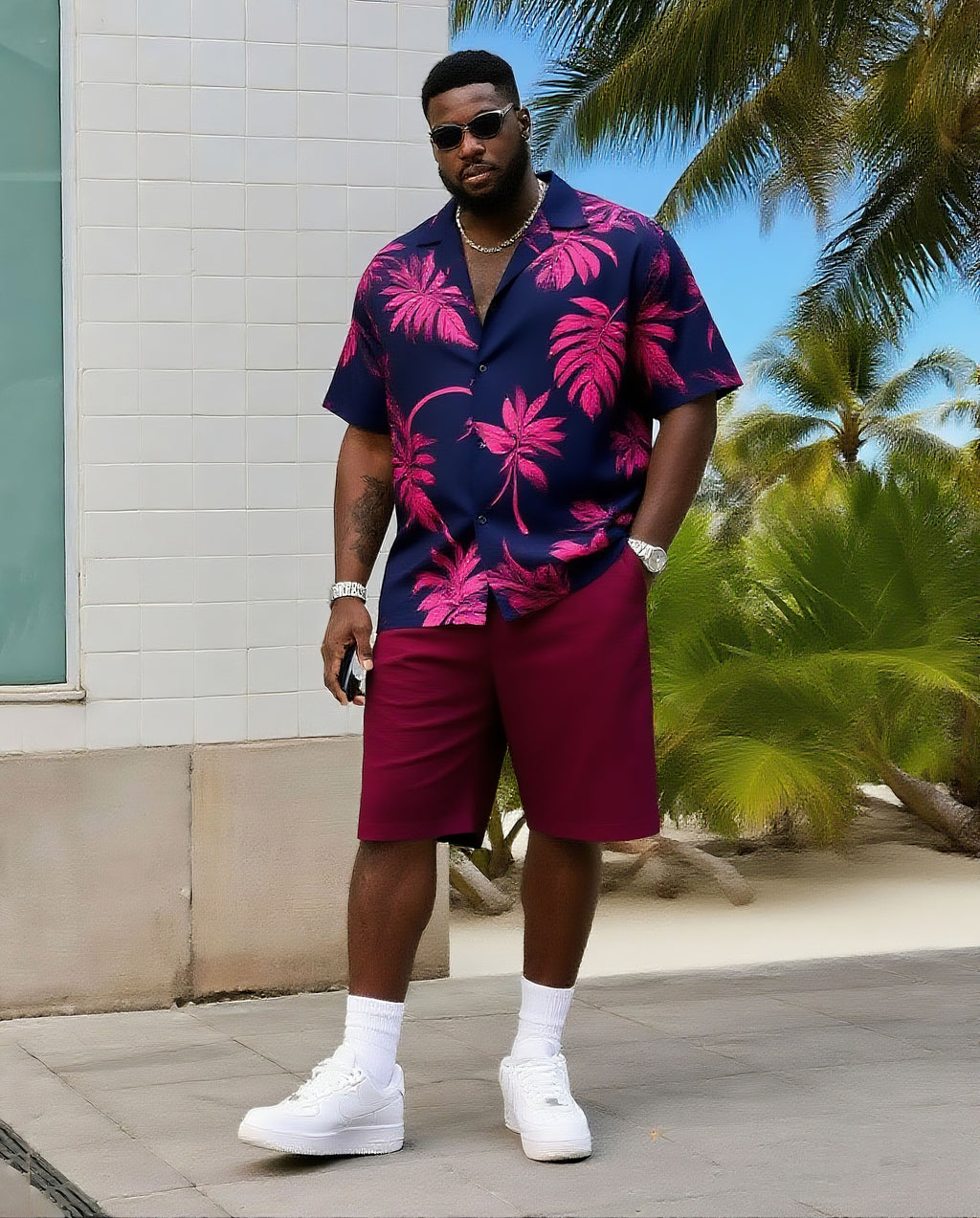 Big & Tall Hawaiian Colorblock T-Shirt Shorts Set for big men view 1