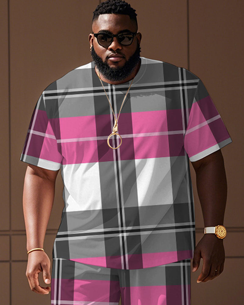 Big & Tall Pink Plaid Graphic T-Shirt Shorts Set for big men view 2