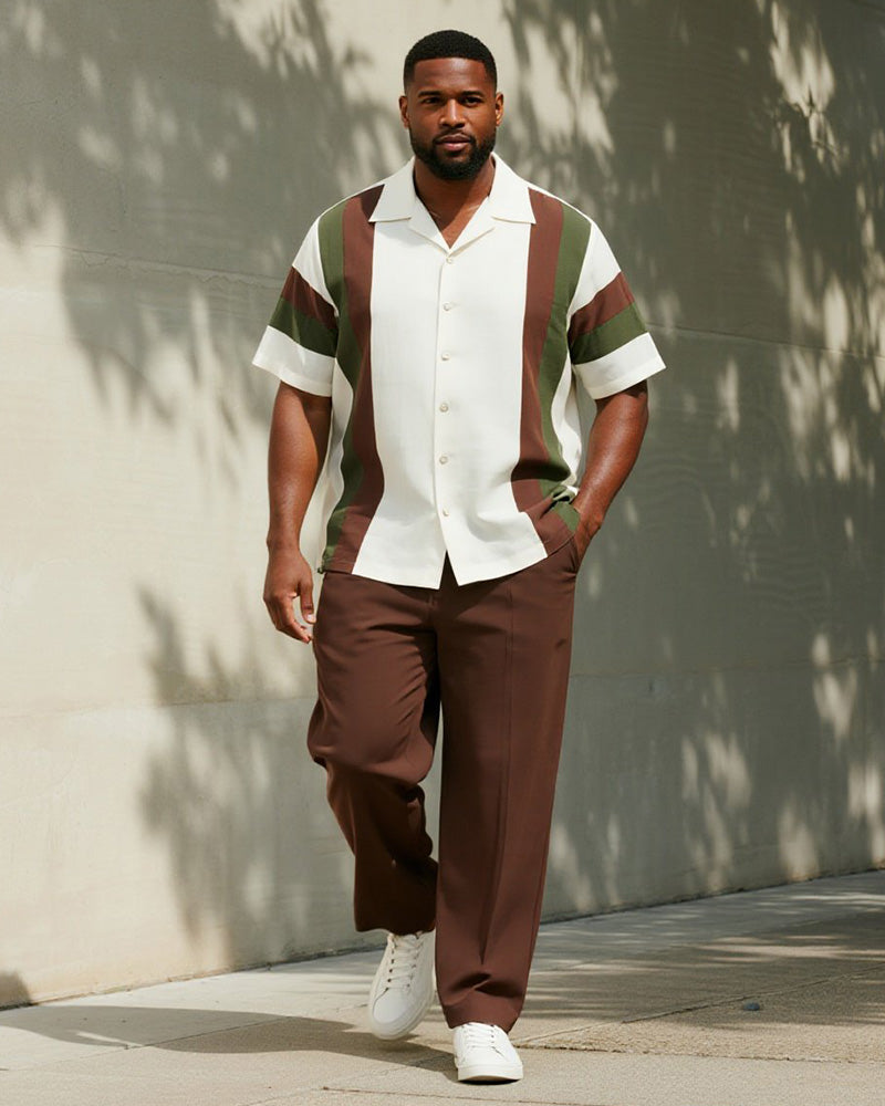 Big & Tall Brown Striped T-Shirt Pants Set for big men view 1