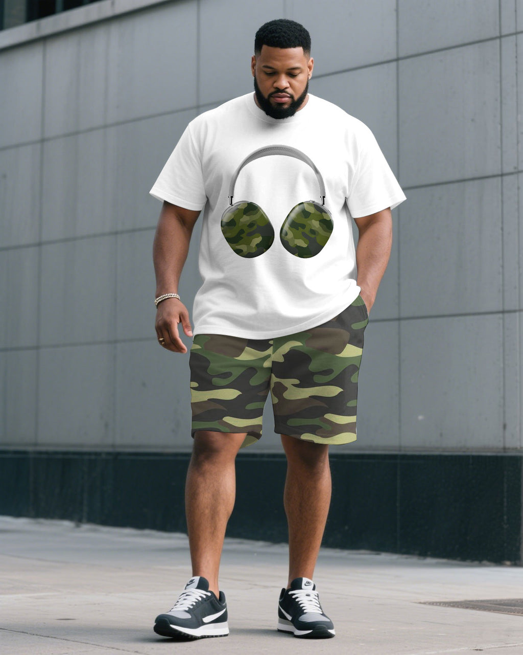 Big & Tall White Green Camouflage T-Shirt Shorts Set for big men view 1